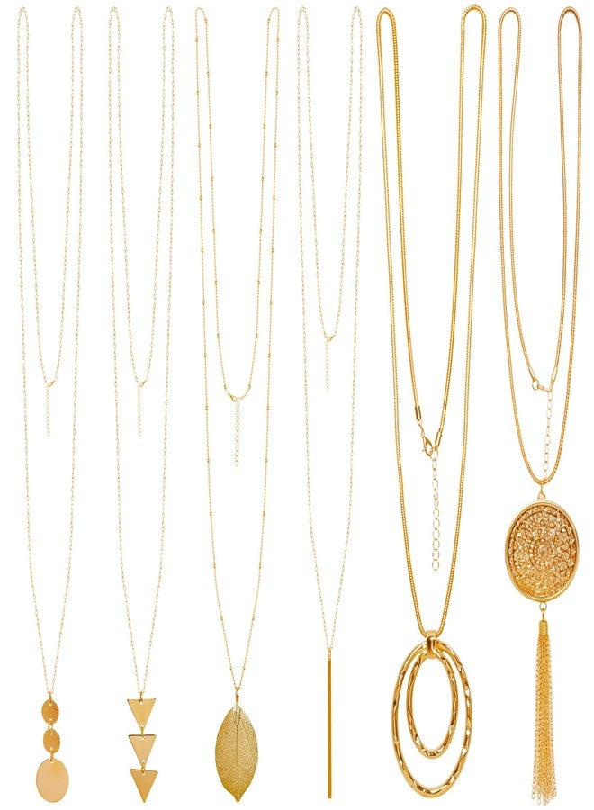 Hftjtsa 6Pcs Long Gold Necklaces for Women Long Statement Sweater Necklaces Tassel Pendant Neckace Set Jewelry Women Gifts (Classic, Gold) - Image 1